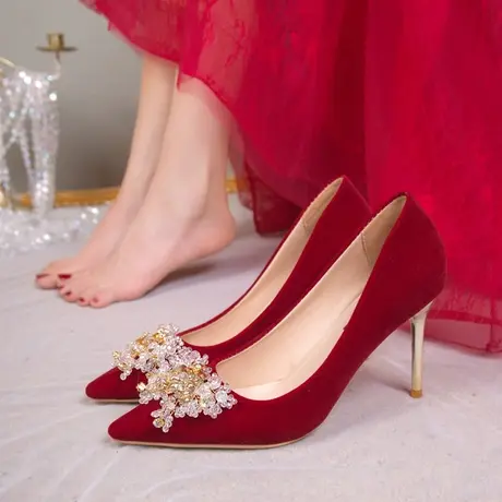 婚鞋新娘鞋红色细高跟鞋秋女2023新款不累脚敬酒中式秀禾服结婚鞋图片