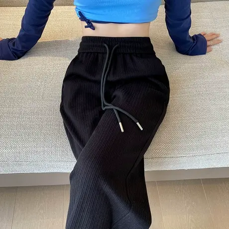 黑色灯芯绒窄版阔腿裤女2023秋冬雪尼尔高腰垂感拖地休闲直筒裤子商品大图