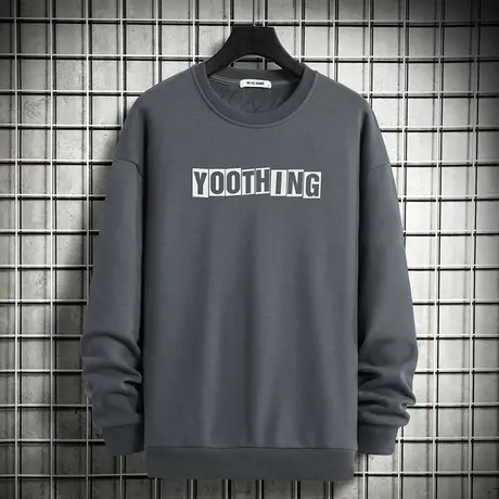 灰色卫衣男宽松潮流百搭加绒加厚圆领无帽上衣摇粒绒保暖长袖t恤商品大图