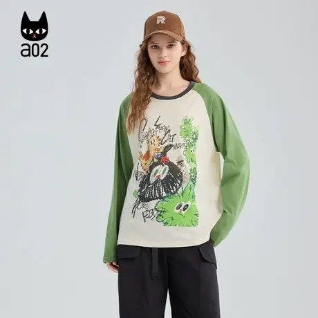 a02黑猫系列宽松圆领插肩袖长袖T恤女2025新款秋季纯棉打底衫上衣图片