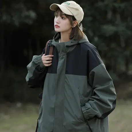 拼接冲锋衣外套男士春秋款连帽登山服大码宽松中性风衣服户外夹克商品大图