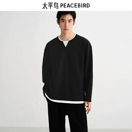 太平鸟男装T恤25秋季亨利领重磅长袖衫阔版假两件宽松打底衫商品大图