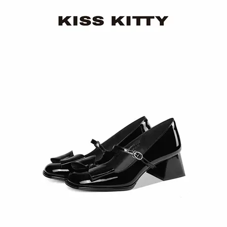 KISSKITTY玛丽珍女鞋2025新款头层牛皮红粗跟方头蝴蝶结高跟单鞋图片