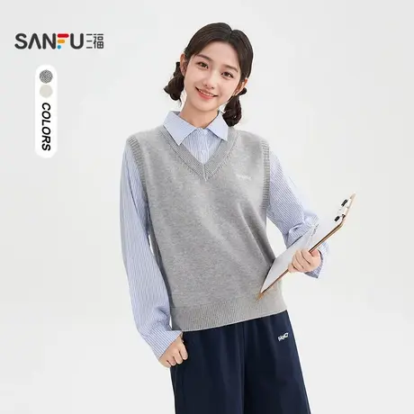 三福毛衣2025秋季英文刺绣假两件简约翻领上衣女装508607商品大图
