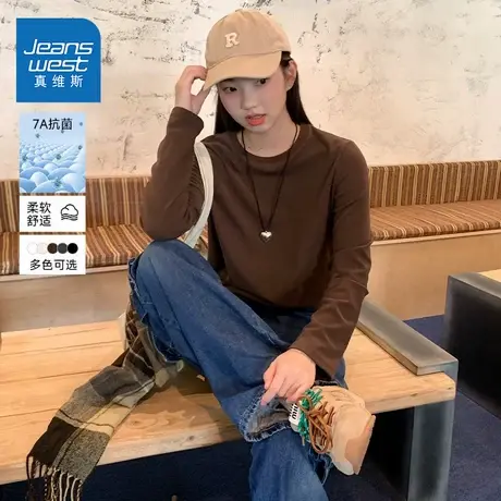 NOE真维斯咖色长袖t恤女2025新款秋冬季青少年宽松磨毛打底衫女商品大图