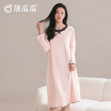 顶瓜瓜睡裙女款秋季纯棉长袖加大码胖mm荷叶边睡衣家居服连衣裙子商品大图