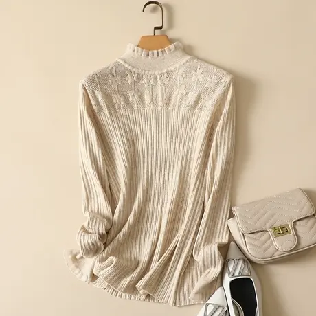 秋装2023年新款蕾丝拼接半高领女士内搭针织显瘦洋气打底衫毛衣女商品大图
