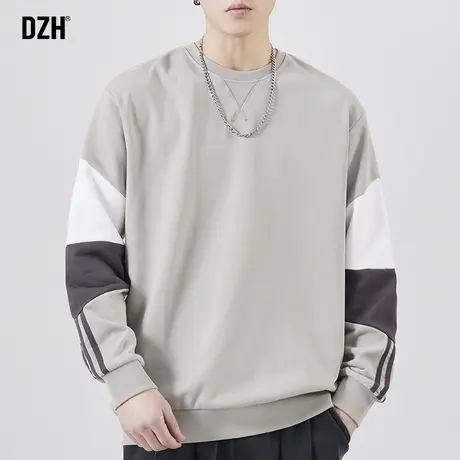 男士拼接圆领卫衣男春秋大码2023新款美式长袖上衣打底衫休闲外套商品大图