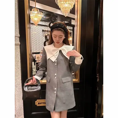 爵莱菲大码不规则拼接撞色西装裙女春季气质新款连衣裙韩剧大小姐商品大图