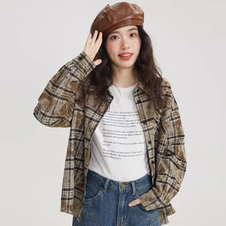 尔给设计感慵懒风美式复古格子衬衫外套2023新款女长袖衬衣小个子图片