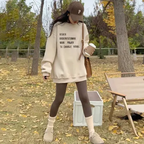 美式复古杏色无帽卫衣女2023秋冬款小个子慵懒vintage设计感外套商品大图