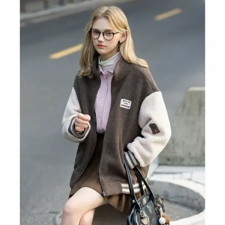 唐狮秋冬外套女洋气加厚摇粒绒立领左胸织标拼接棒球服外套TUTA图片