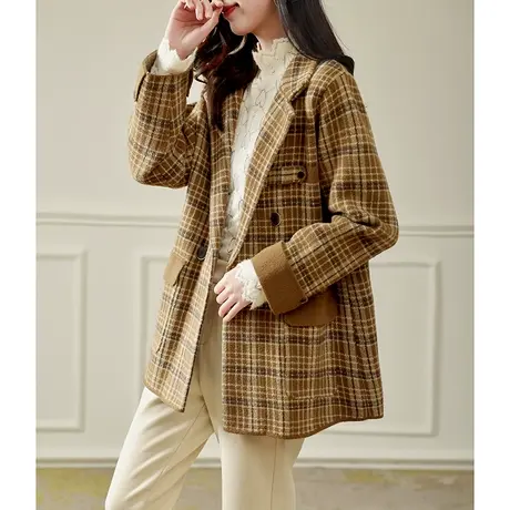 宝诗黎气质双排扣格子短外套新款复古大衣2023西装领休闲韩版秋装图片