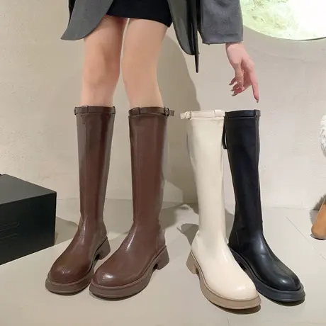 永希长筒靴女2023春秋季新款英伦风高级洋气瘦瘦靴粗跟高筒骑士靴图片