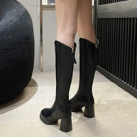永希靴子女长筒靴爆款v口高跟粗跟2023秋冬新款时装高级感瘦瘦靴商品大图