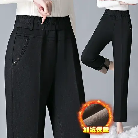 中老年女裤子冬季高腰加绒显瘦直筒裤小个子大码胖mm加厚中年西裤图片