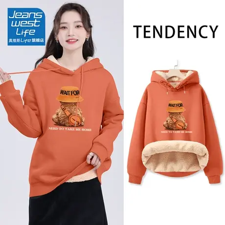 真维斯LIFE套头加绒卫衣女2023新款爆款慵懒风羊羔绒外套女秋冬款商品大图