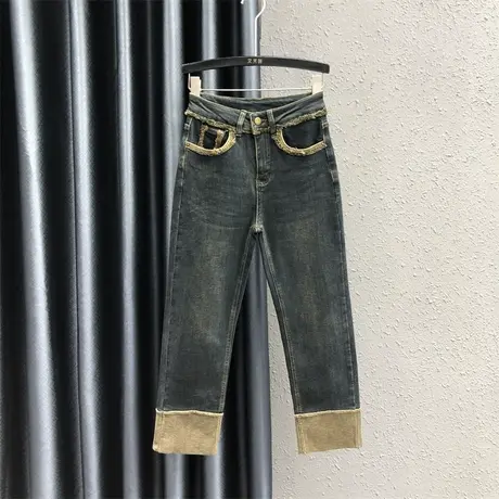 复古牛仔直筒裤女23秋冬新款个性毛边口袋高腰加绒保暖撞色烟管裤商品大图