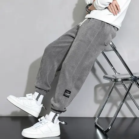 欧棉绒裤子男秋冬季潮牌加绒束脚卫裤男青少年学生潮流男士运动裤图片