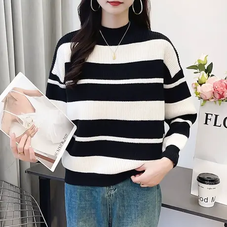 半高领条纹毛衣女秋冬2023新款爆款减龄加厚针织打底衫冬季上衣女图片
