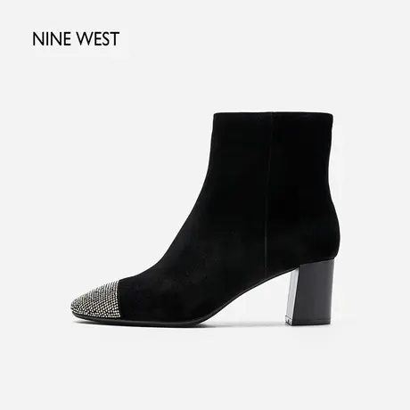 Nine West/玖熙绒面拼接复古瘦瘦靴女2023冬新款细钻圆头气质短靴商品大图