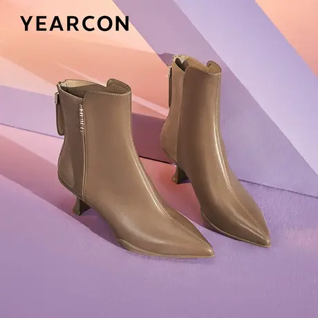 意尔康真皮短靴女2023新款冬季高跟时装靴时尚尖头踝靴法式细跟靴商品大图