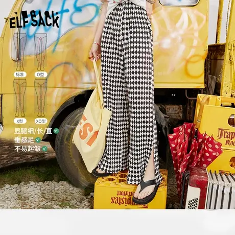妖精的口袋棋盘格高腰喇叭裤女2023秋季新款菱格微喇裤阔腿长裤子图片