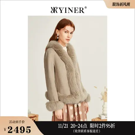 YINER音儿线上专选女装冬季狐狸毛条包边保暖纯绵羊毛呢大衣外套商品大图