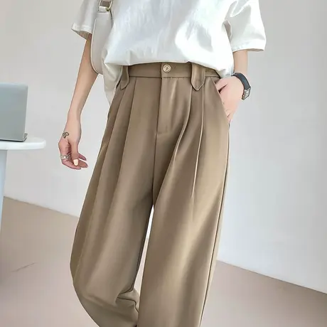 九分卷边西装裤女夏季薄款垂感冰丝裤子直筒休闲咖色哈伦烟管裤子商品大图