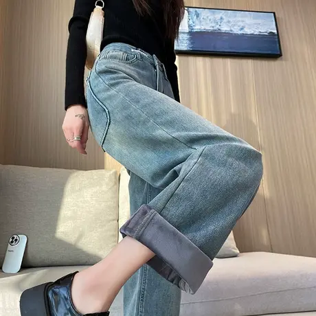 复古加绒牛仔裤女秋冬2025新款高腰窄版加长宽松直筒小个子阔腿裤商品大图