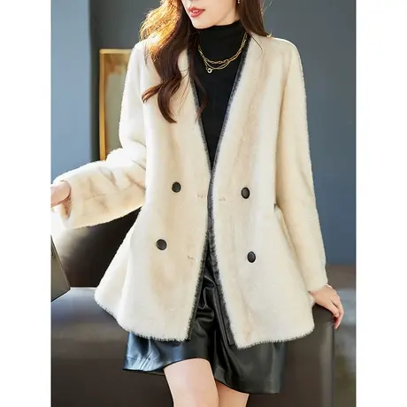 宝诗黎V领双排扣秋冬毛绒大衣2023冬季新款时尚高级感纯色外套女图片