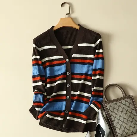 春装2024年新款女装韩版V领条纹针织开衫外套百搭薄款时尚上衣ins商品大图