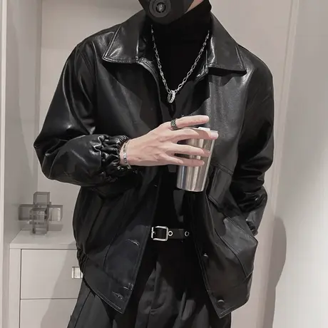 秋冬季时尚休闲纯色工装机车夹克男皮衣学生痞帅ins个性夹克外套图片