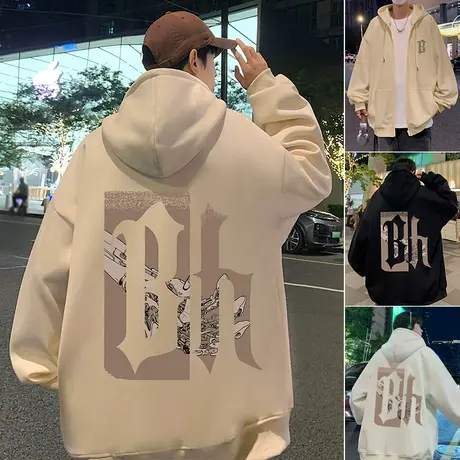 加绒加厚美式卫衣外套男春秋季潮牌宽松2024新款连帽重磅拉链开衫商品大图