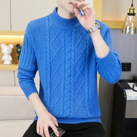 男士秋冬季纯色圆领麻花针织打底衫青少年学生保暖加厚潮流毛衣商品大图