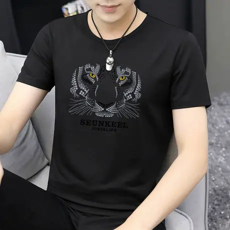 莫代尔夏季t恤男士短袖黑色上衣服圆领潮牌潮流修身冰丝冰感半袖商品大图