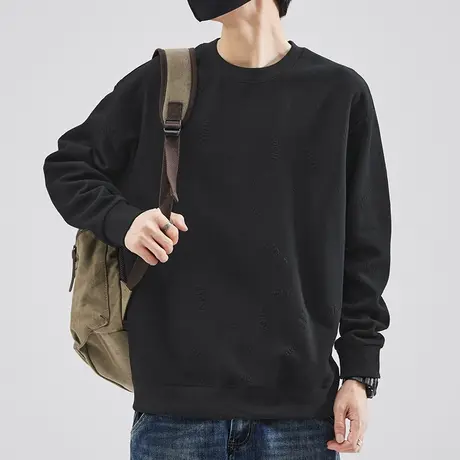 重磅卫衣男士2023新款秋季宽松潮流钢印圆领无帽上衣黑色长袖t恤商品大图