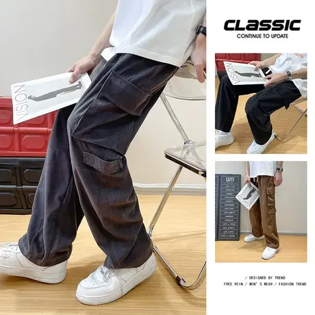 潮牌高街阔腿工装裤男潮牌vibe春秋季复古宽松直筒灯芯绒休闲长裤商品大图