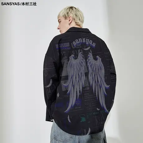 木村三社SANSYAS 翅膀印花方领长袖衬衫设计感宽松外穿黑色外套男商品大图