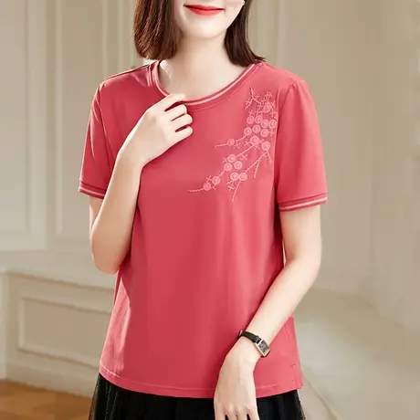 年轻妈妈夏装纯棉短袖t恤女士贵妇气质宽松上衣中国风绣花体恤衫商品大图
