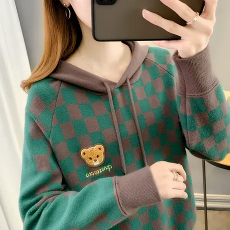 春装连帽毛衣女外穿新款2024春装网红女士宽松针织卫衣打底衫女装图片