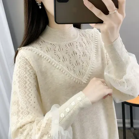打底衫女士2023秋冬装新款内搭高领针织毛衣时尚洋气蕾丝纯色上衣商品大图