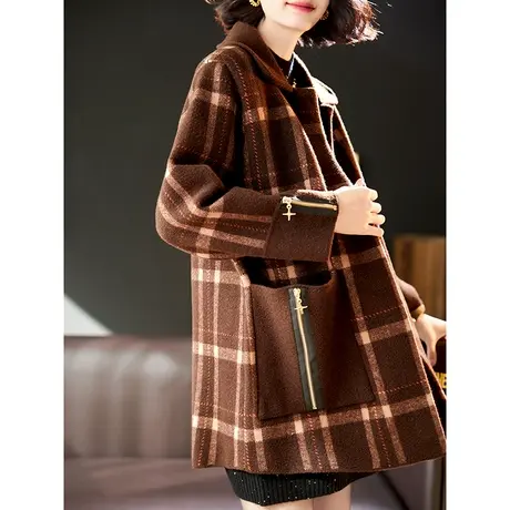 宝诗黎翻领格子宽松保暖羊毛外套2023冬季新款夹克开衫单排扣上衣商品大图
