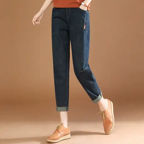 韩潮袭人松紧腰拼接宽松牛仔长裤女2023秋季新款休闲显瘦哈伦裤图片