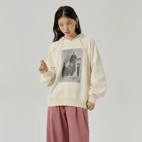 omont蛋挞家 复古加绒连帽卫衣女2023秋冬新款慵懒宽松休闲上衣图片