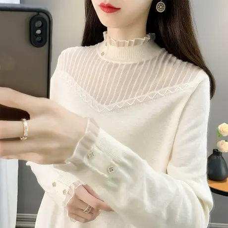 网纱拼接半高领针织衫秋装女2023年新款内搭长袖打底衫女内搭上衣商品大图