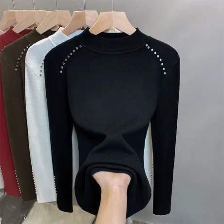 半高领毛衣女打底衫2023秋冬新款套头钉珠外穿针织衫洋气内搭上衣商品大图