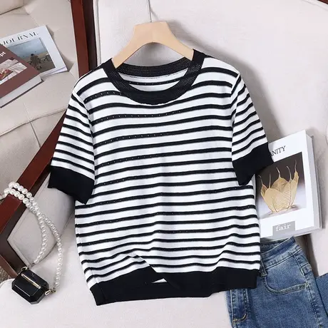 冰丝针织衫短袖t恤女2024春夏新款宽松圆领短款显瘦打底衫女上衣商品大图