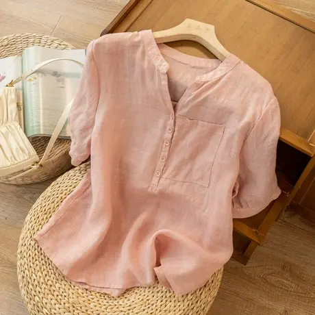 短袖苎麻衬衣女宽松2022夏季新款薄款棉麻上衣气质宽松漂亮衬衫女图片