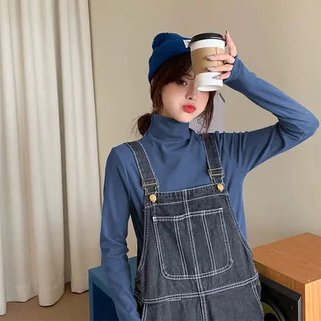 半高领纯色加绒打底衫女秋冬新款2023黑色内搭长袖t恤上衣女春秋图片